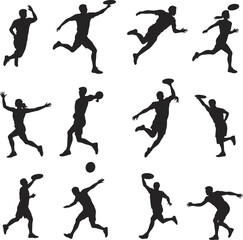 Frisbee action silhouettes, dynamic human poses, disc throwing and catching icons for sports design, fitness, education, and branding, flat vector illustration
