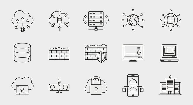 A collection of network and security icons depicting cloud services, servers, and firewalls