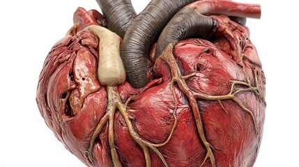 A realistic closeup of a human heart freshly removed, detailed textures of veins and arteries, isolated on a white background