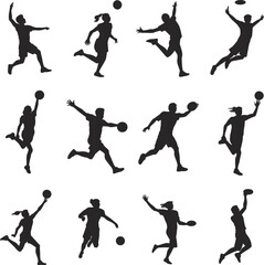 Human silhouettes in motion, ball and disc interaction, athletic poses for sports design, education, fitness, and branding use, flat vector illustration