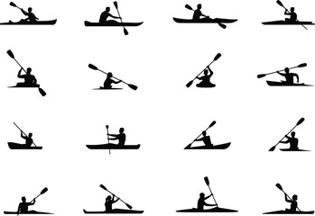 Kayaking silhouette collection, paddle sport poses, water activity icons, kayak motion set, outdoor adventure paddling – flat vector illustration