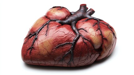 A realistic closeup of a human heart freshly removed, detailed textures of veins and arteries, isolated on a white background