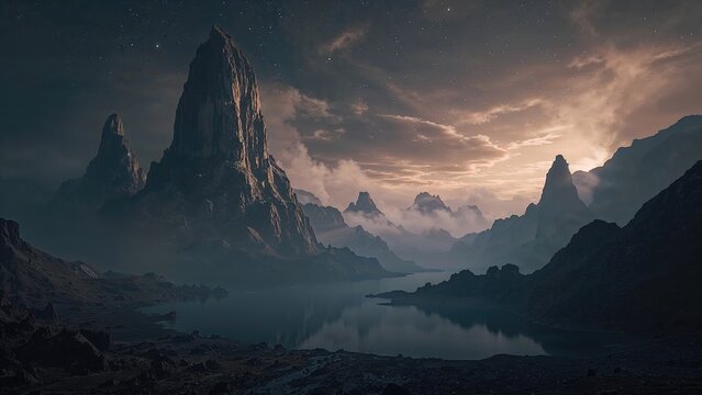 Fantastic landscape, unknown place, space rocks, fog enveloping the scene, dark background