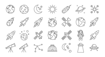 Space exploration icons, a variety of celestial objects and tools in simple outline style against a white background