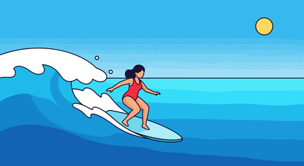 Animated illustration of a woman surfing a wave under the warm sun on a vibrant ocean