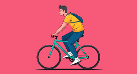 Fototapeta premium Illustration of a young man riding a bike, promoting sustainable urban transportation and healthy