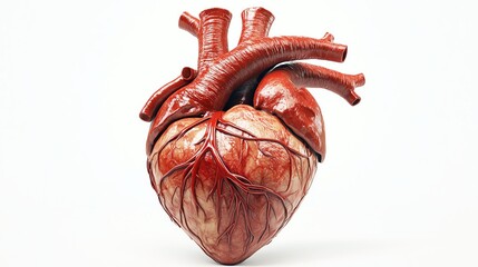 A realistic closeup of a human heart freshly removed, detailed textures of veins and arteries, isolated on a white background