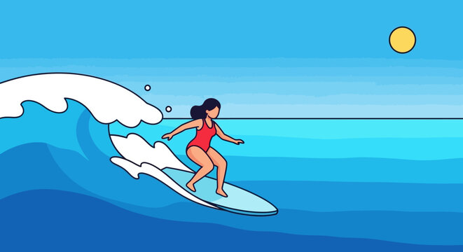 Animated illustration of a woman surfing a wave under the warm sun on a vibrant ocean - Powered by Adobe
