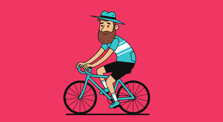 Obraz premium Bearded cyclist cartoon character enjoying a casual bike ride with stylish hat and outfit