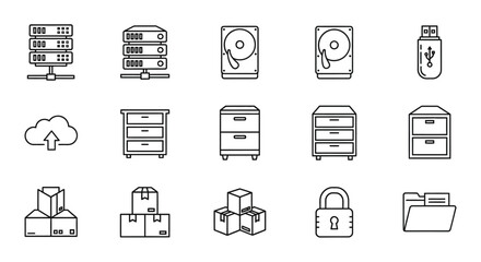 Collection of line icons for data storage and organization servers, drives, cloud, cabinets, boxes, lock, folder