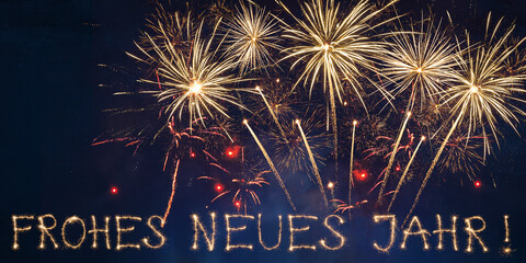 Frohes neues Jahr Grußkarte, Silvester Karte mit deutschem Text - Goldenes rotes Feuerwerk am...