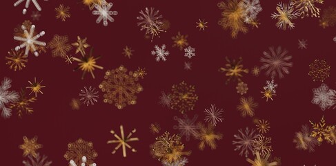 Elegant winter background featuring abstract golden snowflakes falling against a rich red backdrop. Perfect for Christmas, New Year, holiday des