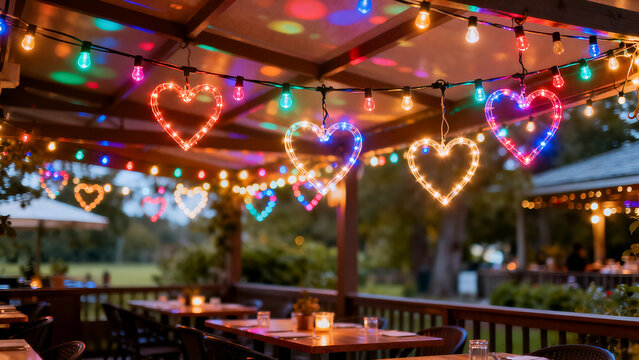 An outdoor restaurant patio is festively decorated with colorful string lights and heart-shaped neon lights, creating a vibrant, romantic atmosphere for a celebration or date night.