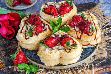 Heart-shaped belgian waffles decorated with fresh strawberries