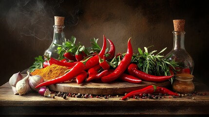 A realistic still life of chili peppers, spices, and herbs arranged on a rustic table, dramatic lighting