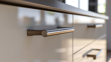 Fototapeta premium Sleek cabinetry featuring modern, cylindrical handles. The focus is on the details of the hardware and the smooth surface, with an emphasis on minimalist design.