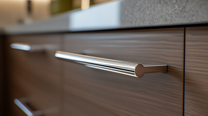 Close-up of modern cabinetry featuring sleek, horizontal chrome handles. Warm wood tones contrast with the cool metal accents, creating a minimalist aesthetic.