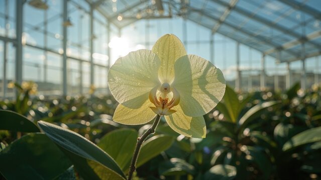 A pretty pale yellow Orchid displayed inside a greenhouse with bright blue sky in the background.