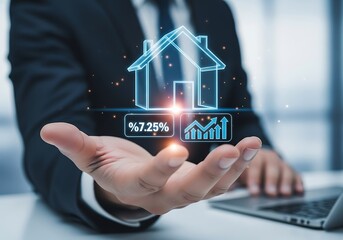 Digital Real Estate Investment Concept Businessman Presenting a Holographic Home, Mortgage Interest Rate, and Financial Growth Graph, Symbolizing Property Market Trends and Future Planning