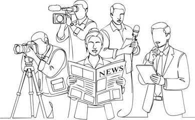 Continuous line drawing of a group of reporters and media crew with cameras and microphones.