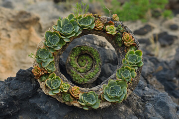 A succulent spiral growing on volcanic rock formations