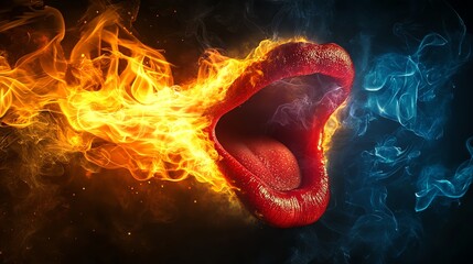A realistic tongue on fire concept image, representing spiciness, with visual flame and heat distortion