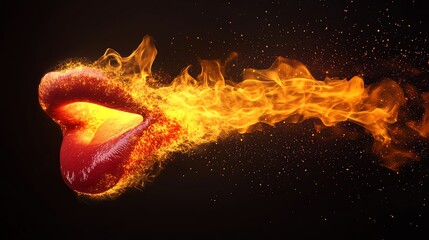 A realistic tongue on fire concept image, representing spiciness, with visual flame and heat distortion