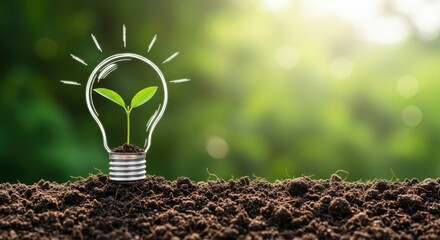 Light bulb with seedling inside, symbolizing green energy and innovation in nature