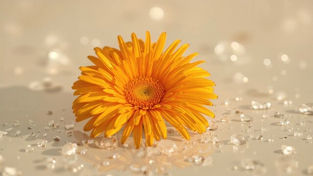 Flowers marigold triploid Zenith Golden yellow in water droplets.