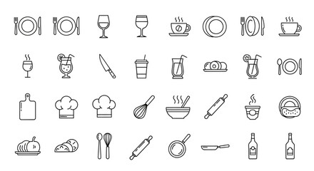 Collection of line art icons depicting food, drinks, and kitchen utensils