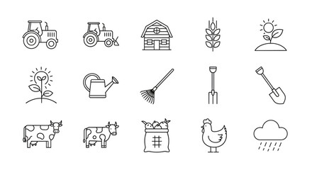 A collection of line art icons depicting farming and agricultural elements