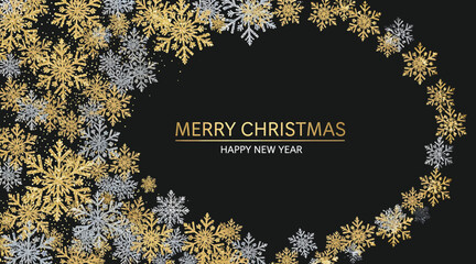 Elegant christmas background with gold and silver snowflakes and merry christmas and happy new year text, perfect for festive designs and holiday greetings