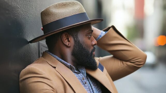 Stylish man poses against a city wall wearing a hat and blazer on a sunny day in an urban setting