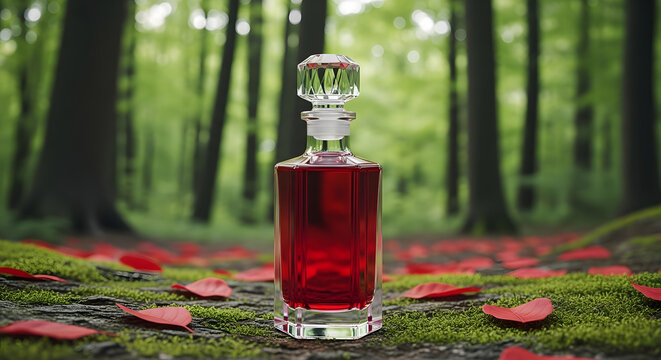 Crimson elixir elegant decanter in serene forest setting with vibrant leaves