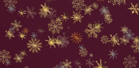 Abstract snowflake background in gold and burgundy. Perfect for holiday themes, Christmas cards, and festive designs. Features falling snow and