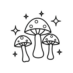 Mystical mushrooms line art vector illustration