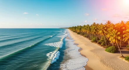 Aerial view of a tropical beach with palm trees and turquoise ocean waves under a sunny sky