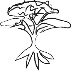 Minimalist Rough Brush Stroke Drawing of a Tree with Exposed Roots Representing Nature and Ecology