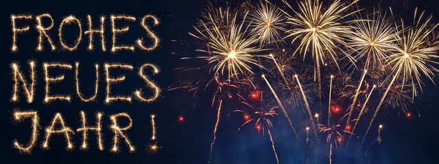 Frohes neues Jahr Grußkarte, Silvester Karte mit deutschem Text - Goldenes rotes Feuerwerk am...