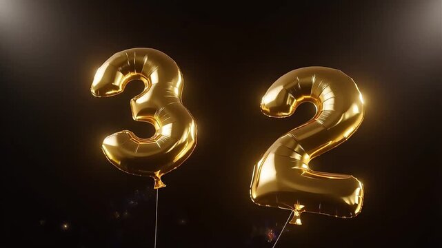 Golden foil balloons shaped as the numbers thirty two for a thirtysecond birthday celebration or milestone event decor. Festive and eyecatching.
