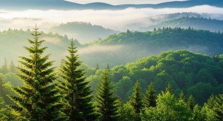 Misty mountain forest landscape at sunrise with sun rays filtering through the fog