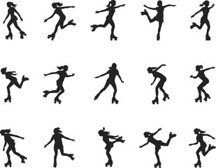 Roller skating silhouette poses, dynamic movement, athletic balance, sports action, vector skater icons, agility, jump, glide, spin, flat vector illustration