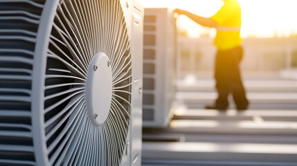 HVAC maintenance: technician adjusts an air conditioning unit on a rooftop, sunlight filtering through. Focus on the unit's fan, highlighting detail and precision.