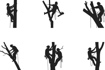Tree climber silhouettes, arborist at work, rope access professionals, pruning and cutting trees, flat vector illustration, safety gear, outdoor labor