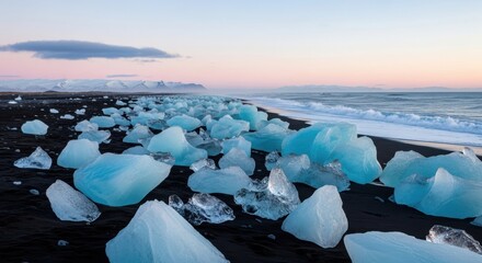 Diamond beach iceland with ice chunks on black sand during sunset