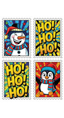 Pop Art Holiday Stamps with Snowman and Penguin
