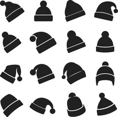 Winter hat silhouettes, beanies, pom-poms, knit caps, seasonal headwear, cold weather fashion, flat vector illustration, black icons, cozy style