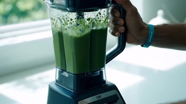 A person's hand holds a blender filled with green liquid. Light from window illuminates