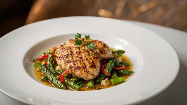 Main course in a restaurant featuring grilled chicken with vegetables