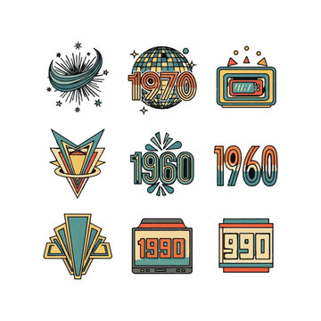 Retro vintage design elements of 1960s 1970s and 1990s style